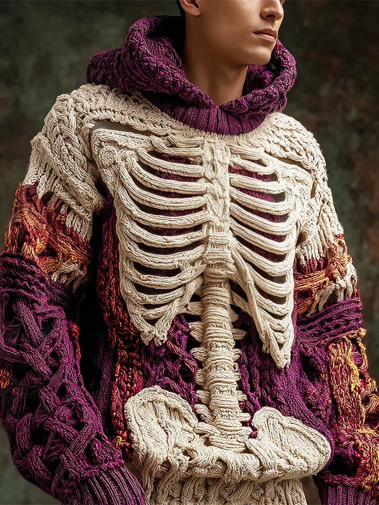 Halloween Skeleton Art Men's Knit Hooded Sweater
