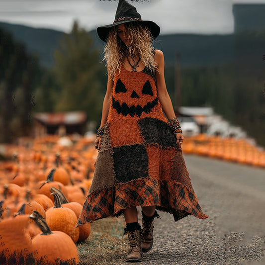 Vintage Halloween Pumpkin Face Patchwork Art Linen Sleeve Dress