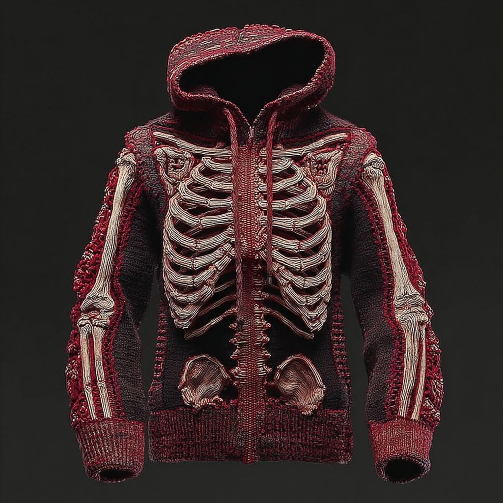Men's Vintage Skeleton Zip Up Hooded Sweater Cardigan