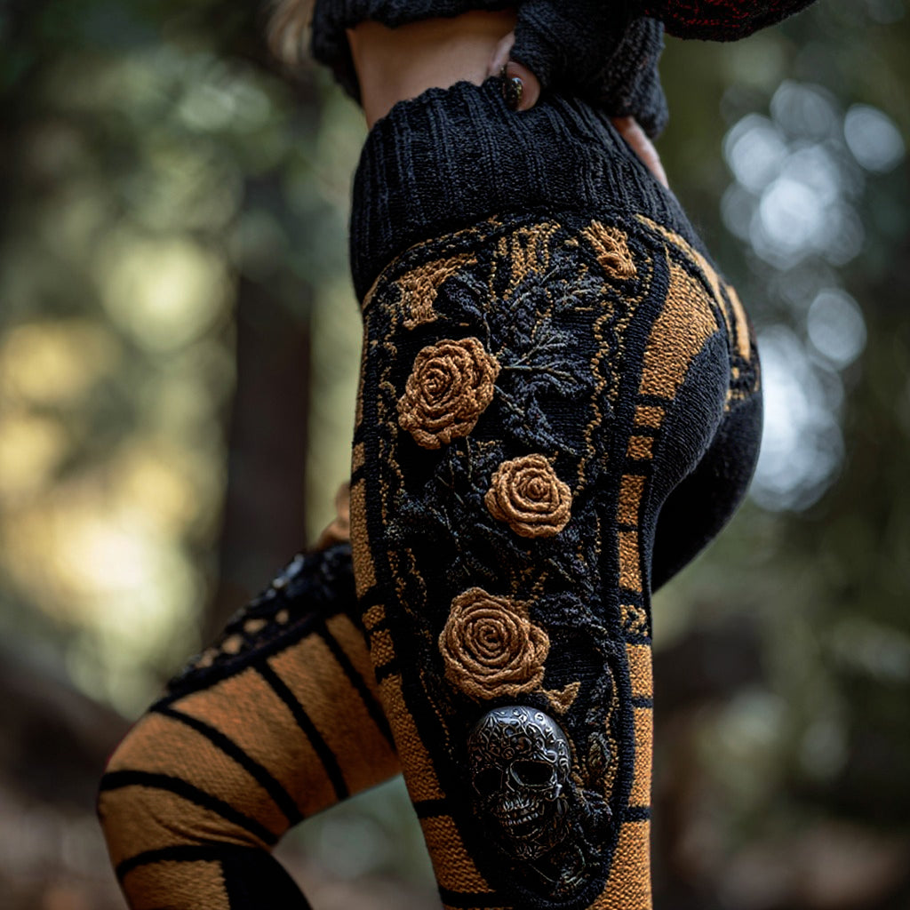 Women's Vintage Sugar Skull And Rose Pattern Comfortable Leggings