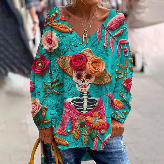 Classy Mexican Cute Sugar Skeleton Day Of The Dead Inspired Pattern Art Printed V-Neck T-Shirt