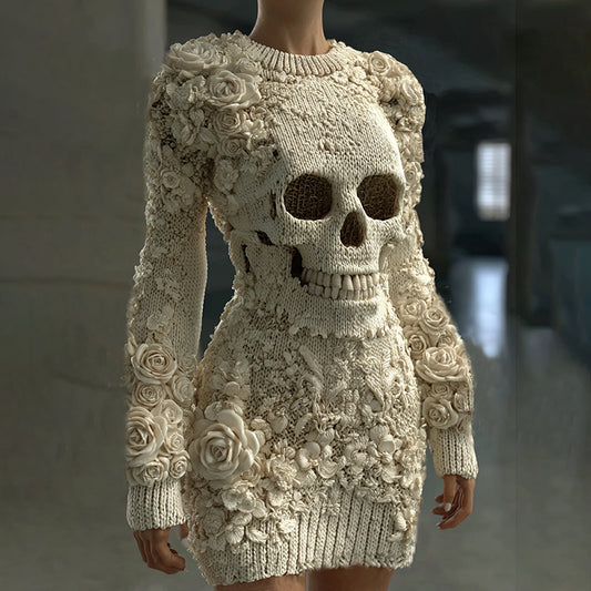 Women's Hot Sexy Style Halloween Skeleton Bones Leather With Rose Pattern Art Cozy Knit Mini Sweater Dress