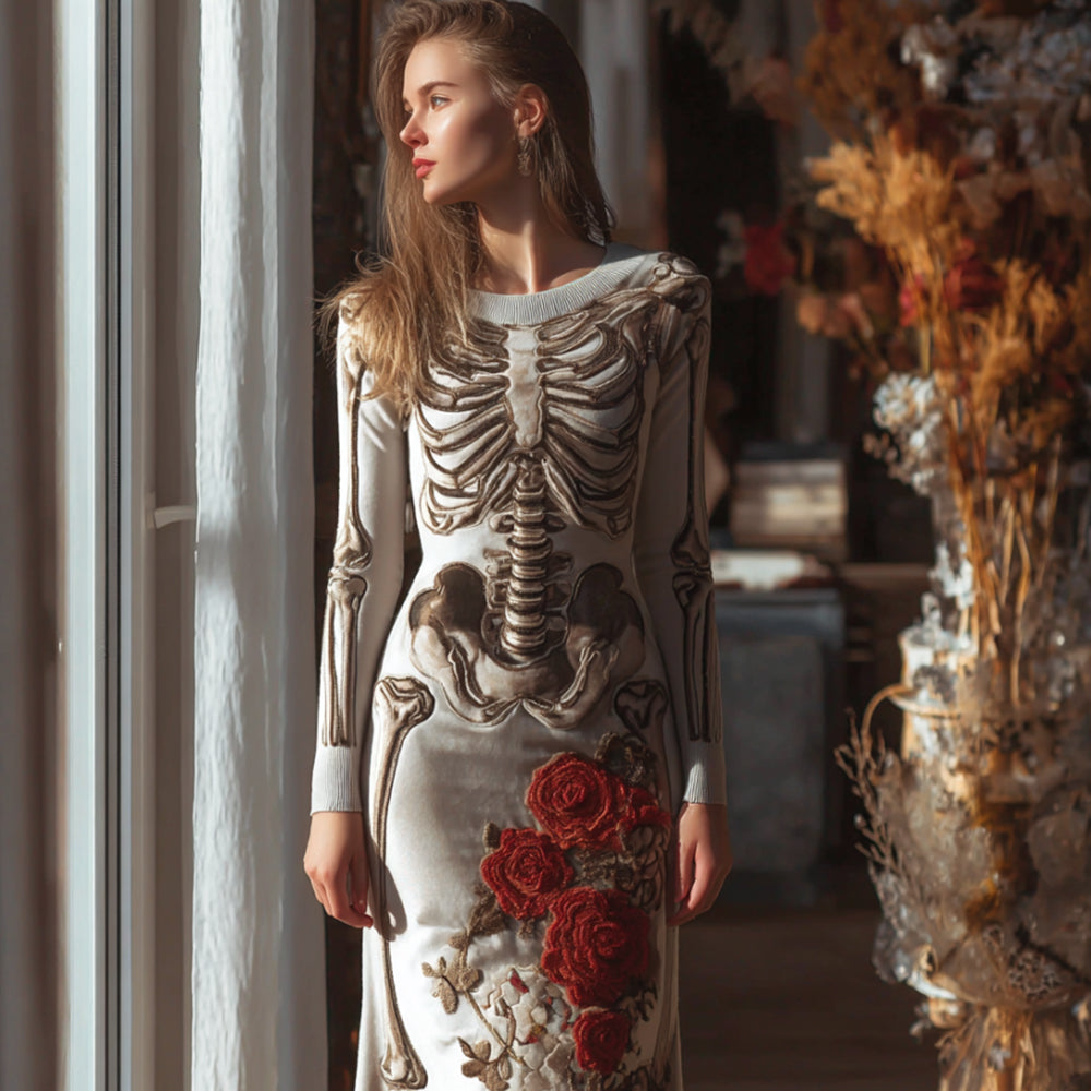 Women's Halloween Silver Skull Red Rose Dress