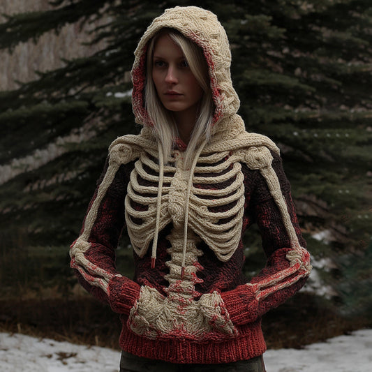 Women's Vintage White Skeleton Gradient Art Cozy Hooded Sweater