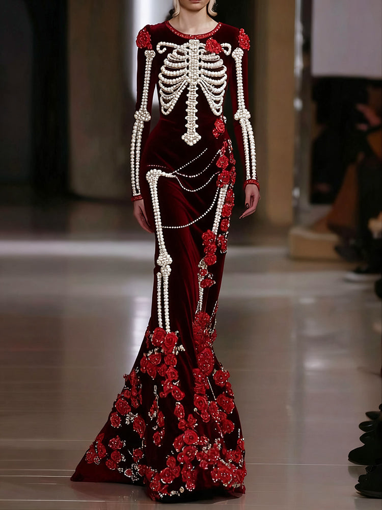 Women's Halloween Skull Floral Velvet Crew Neck Maxi Dress