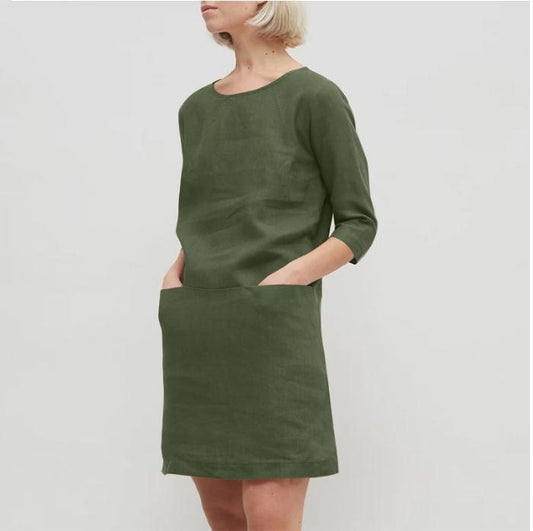Half Sleeve Solid Color Round Neck Pocket Casual Dress