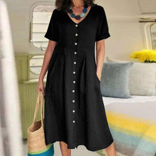 Solid color loose high waist cotton linen dress
