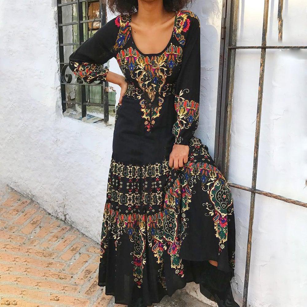 Vintage Print Long Sleeved Prairie Maxi Dress