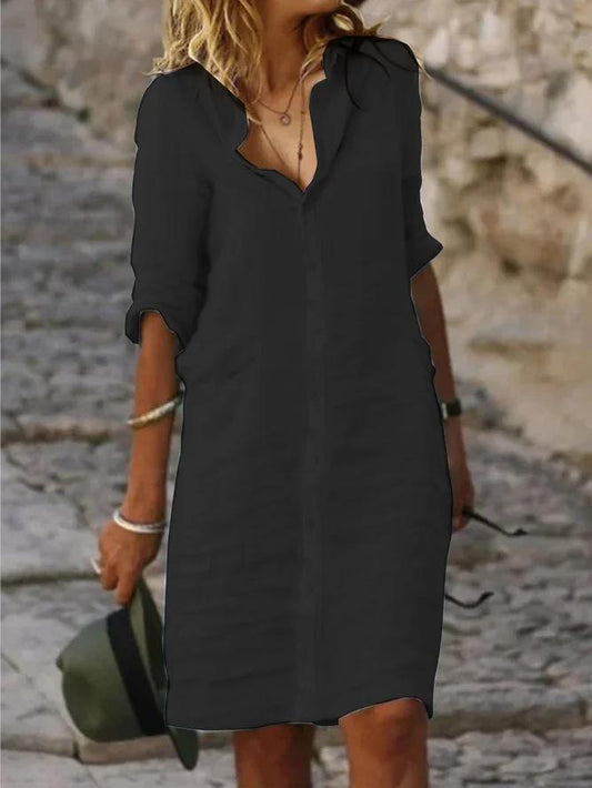 Loose Lapel Button Down Sleeve Solid Color Cotton Linen Shirt Dress