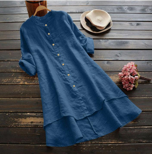 Women's Solid Color Button Cotton Linen Long Sleeve Long Shirt
