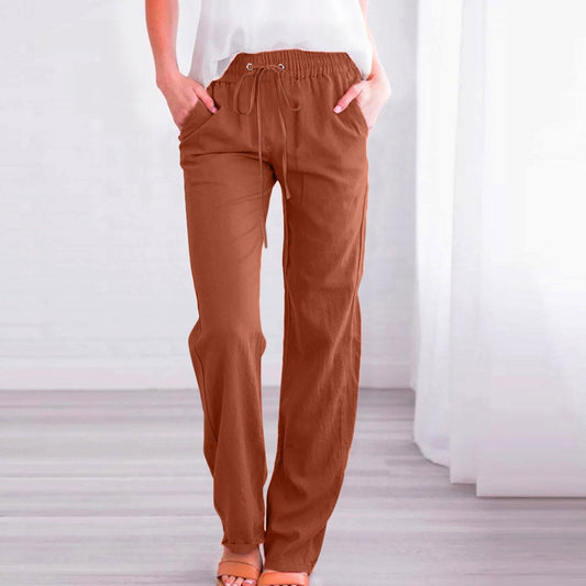 Solid color cotton and linen drawstring loose casual wide-leg trousers