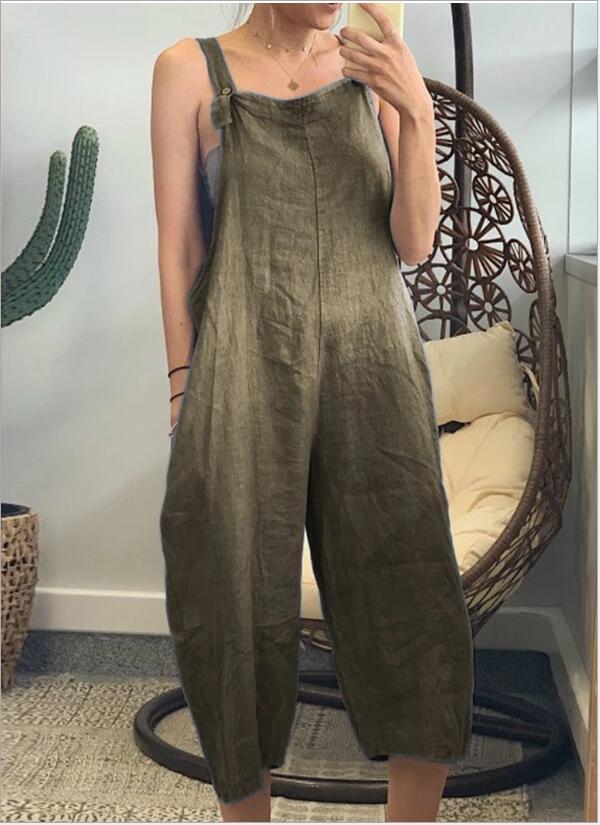 Solid color cotton cropped loose casual suspenders jumpsuit