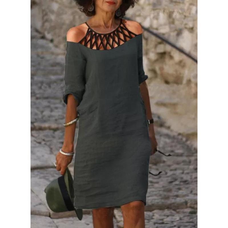 Off-shoulder A-line dress with lace V-neck dress