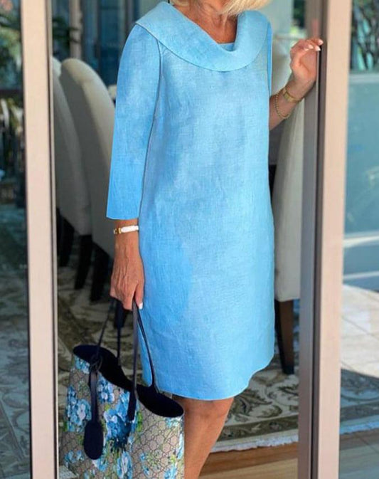 Cotton linen long-sleeved casual solid color dress