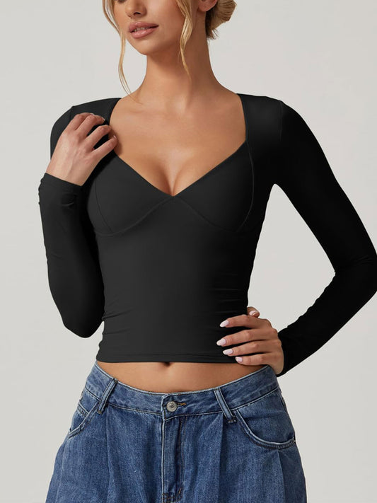 Long Sleeve V Neck T Shirts Double Lined Crop Top Seamed Cup Going Out Tops