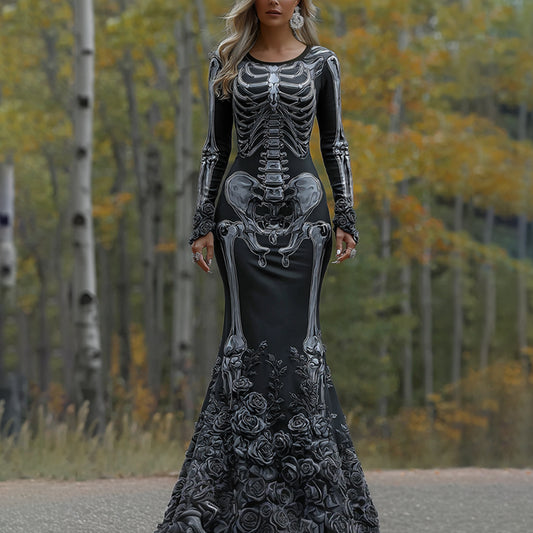Women's Vintage Halloween Skeleton Bones With Rose Art Cozy Long Sleeve Maxi Dress