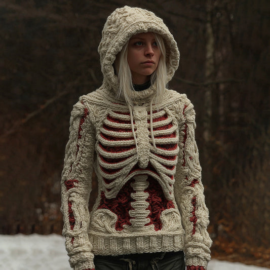 Women's Vintage White Skeleton Color Block Art Cozy Hooded Sweater