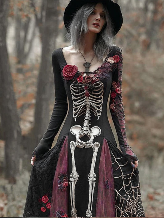 Women's Halloween Skeleton Flower Spider Silk Embroidered Long Dress