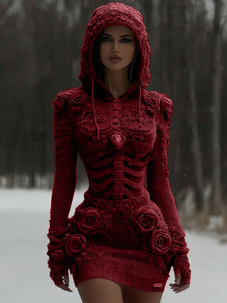 Women's Vintage White Rose And Skull Patchwork Knit Hooded Sweater