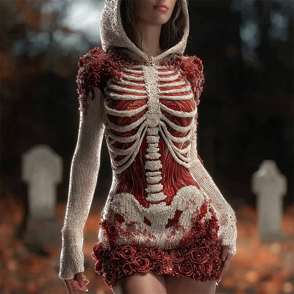 Halloween Bloody Skeleton & Floral Art Women's Knit Mini Dress