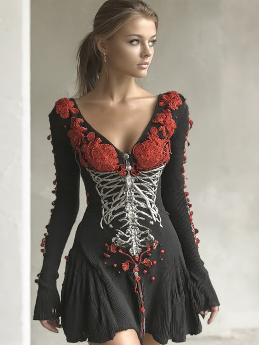 Women's Halloween Skull Art V-neck Skirt