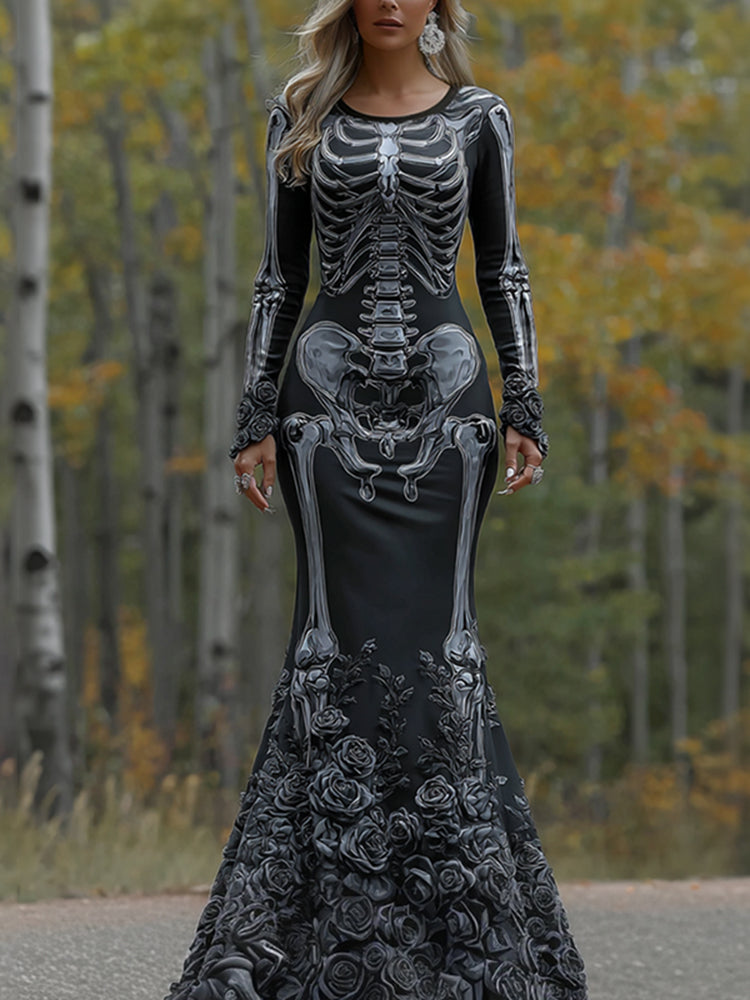 Women's Vintage Halloween Skeleton Bones With Rose Art Cozy Long Sleeve Maxi Dress