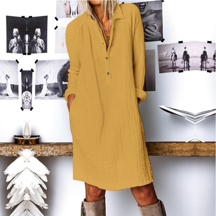 Women Fashion Loose Solid Color Cotton Linen Casual Dresses