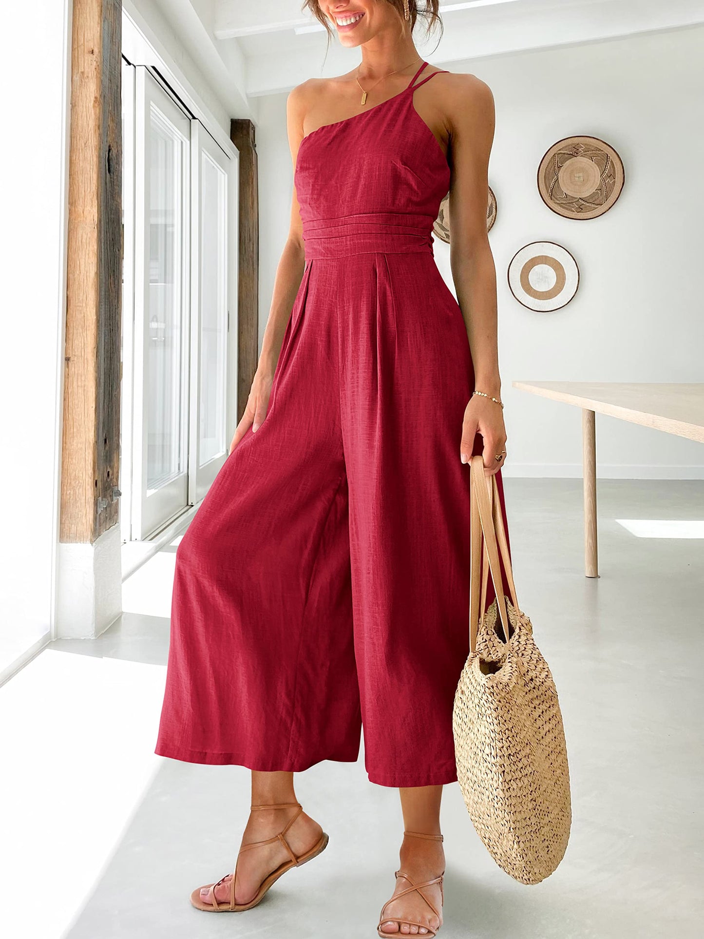 Women's summer lace-up one shoulder pleated high waist casual wide leg jumpsuit with pocket