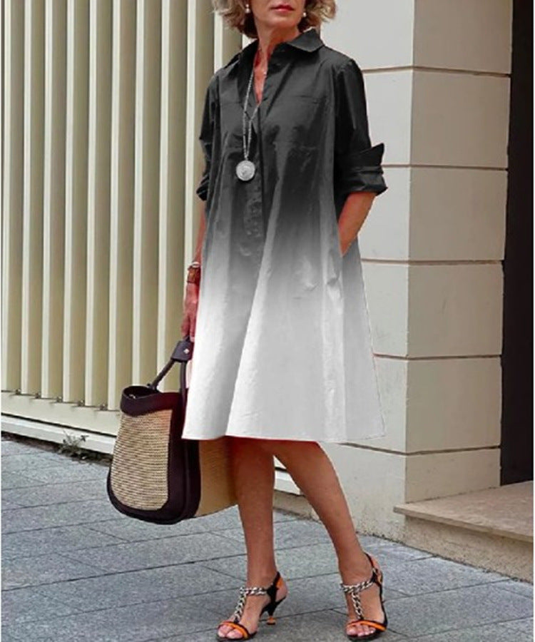 Women Gradient Shirt With Pocket Long Sleeve Loose Dress