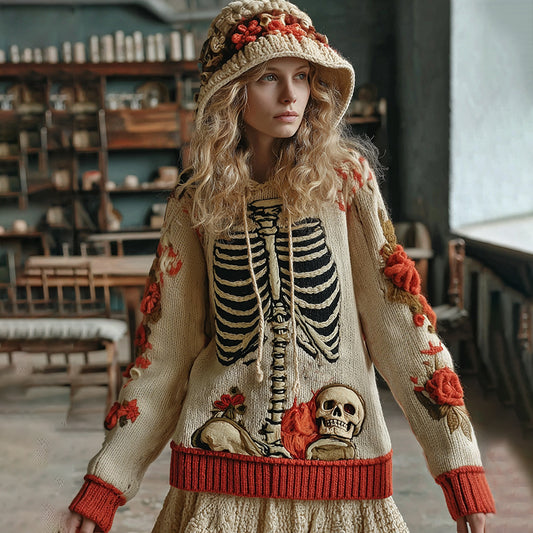 Vintage Halloween Anatomy With Floral Art Chunky Knitted Hooded Sweater