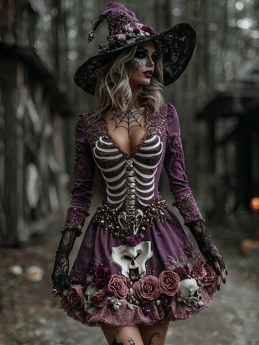 Women's Witch Skull Flower Spider Web Midi Dress