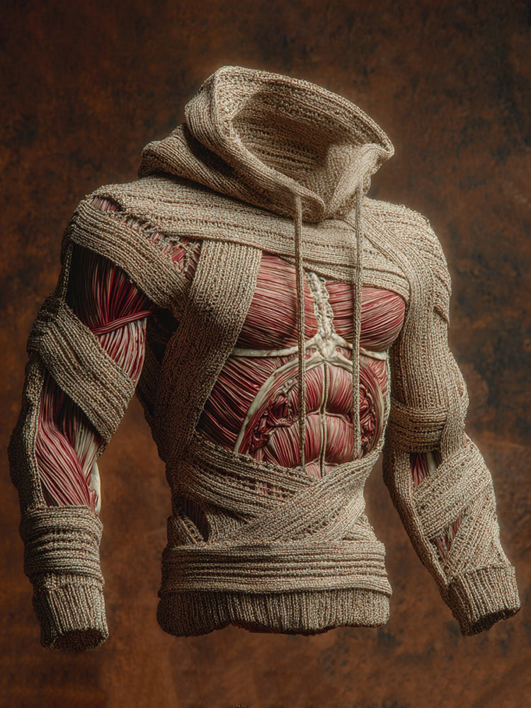 Halloween Bandage Muscle Mummy Art Slim-fit Knit Hooded Sweater