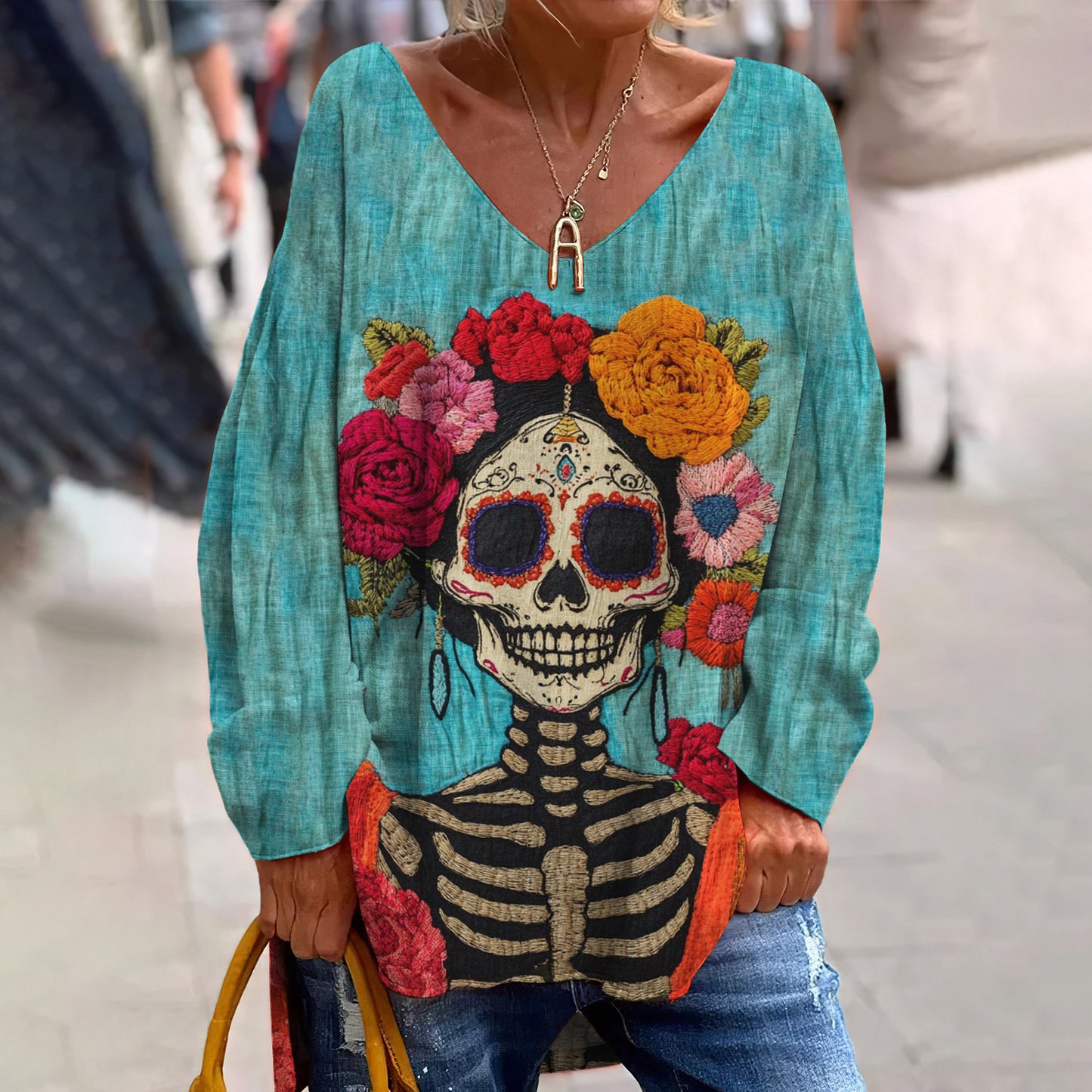 Classy Mexican Sugar Catrina Couple Day Of The Dead Inspired Pattern Art Printed V-Neck T-Shirt