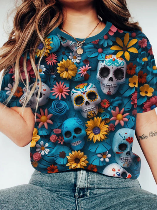 Mexican Skull Day Of The Dead Cotton Graphic T-Shirt