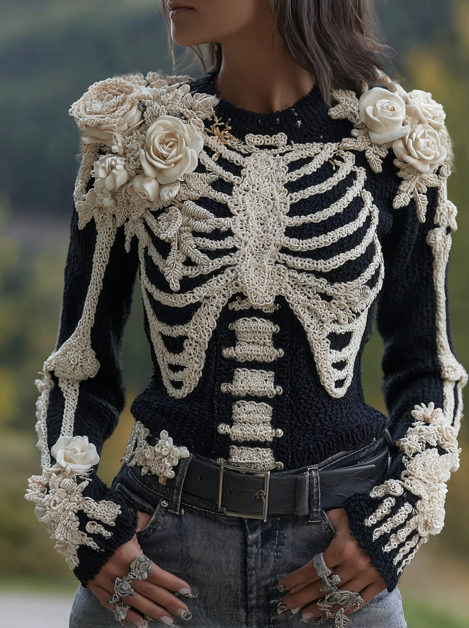 Women's Halloween Skeleton Bones With Roses Art Knitted Warm Sweater