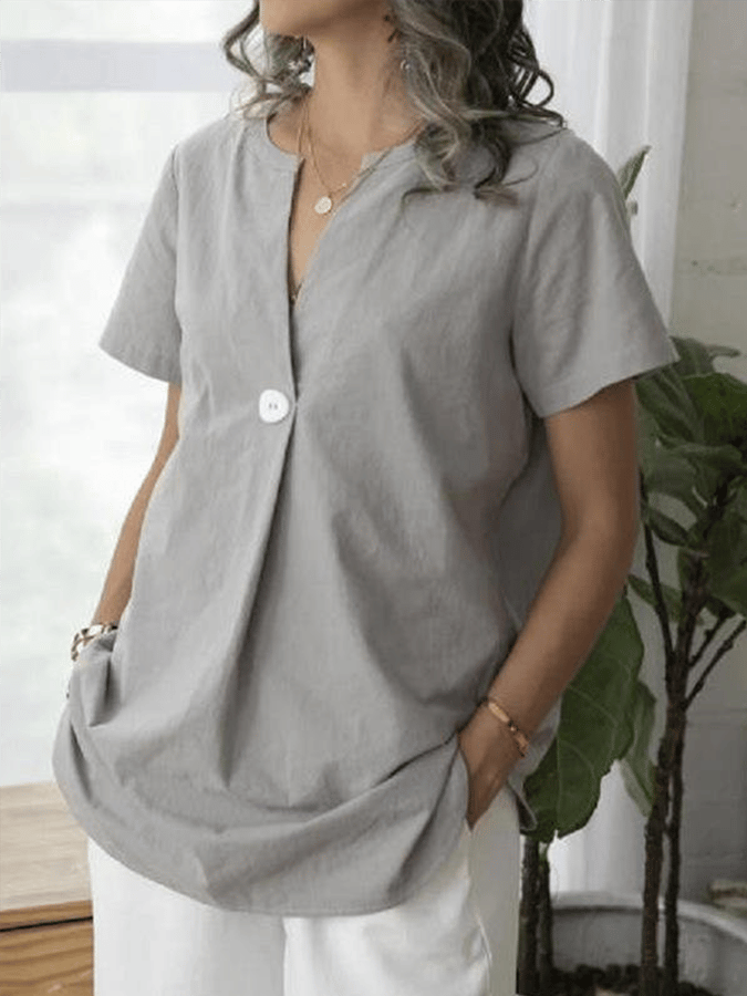 Women's Cotton Linen V Neck Button Shirt
