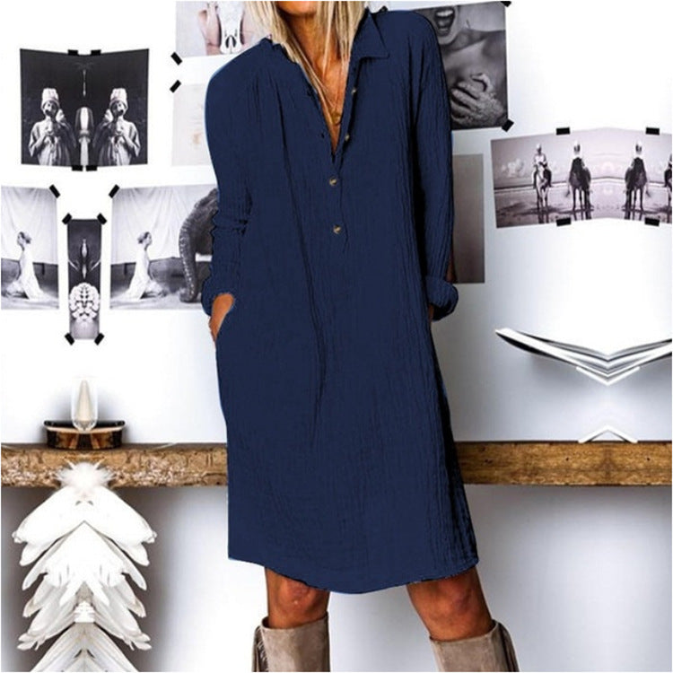 Women Fashion Loose Solid Color Cotton Linen Casual Dresses