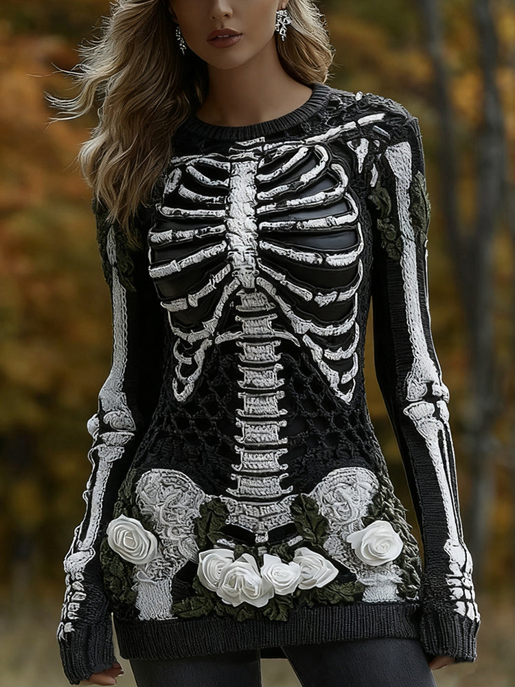 Women's Halloween Skeleton Bones With Roses Art Knitted Warm Sweater