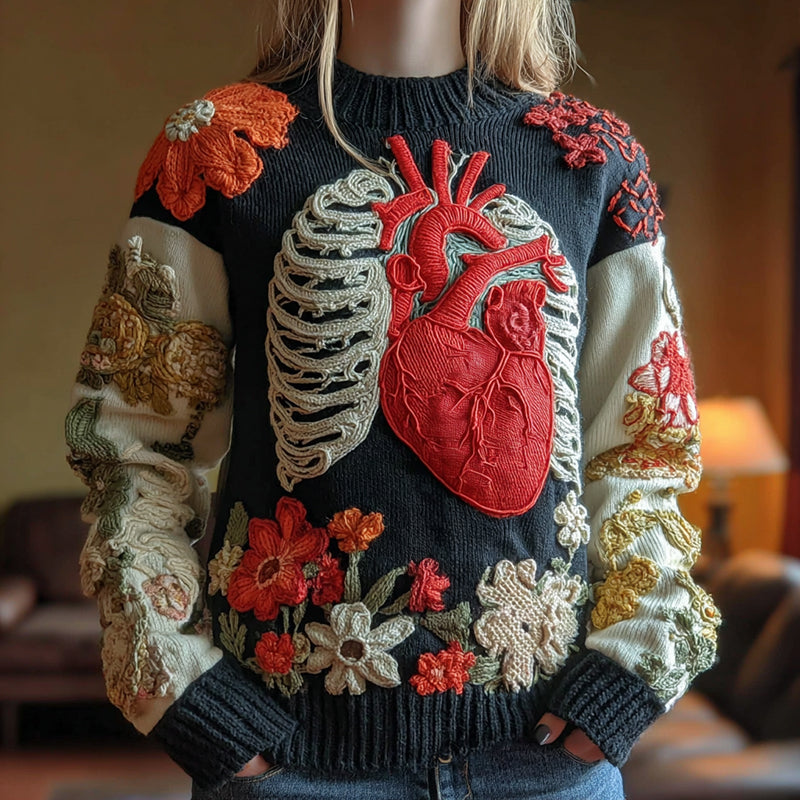 Women's Classic Halloween Anatomy Flower Art Knit Pullover Sweater