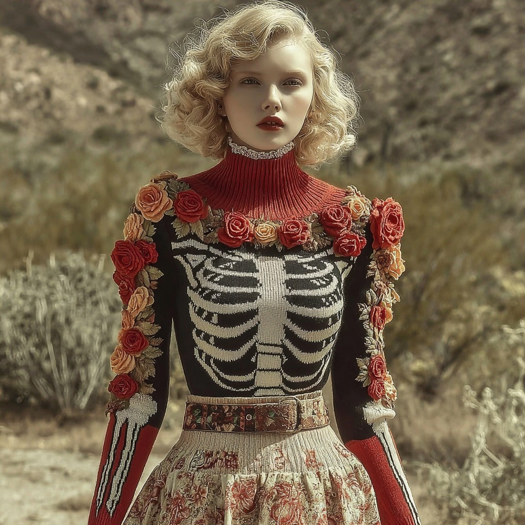 Women's Retro Rose Skull Cozy Jacquard Knitted Turtleneck Sweater