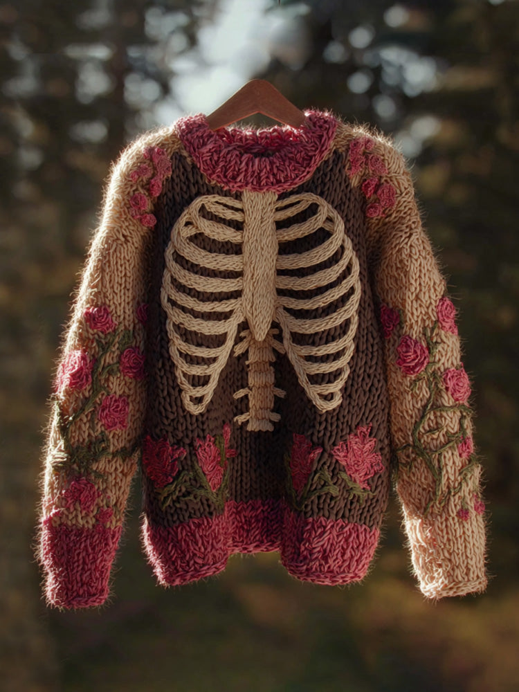 Vintage Halloween Human Anatomy Art Sense Thick Needle Round Neck Sweater