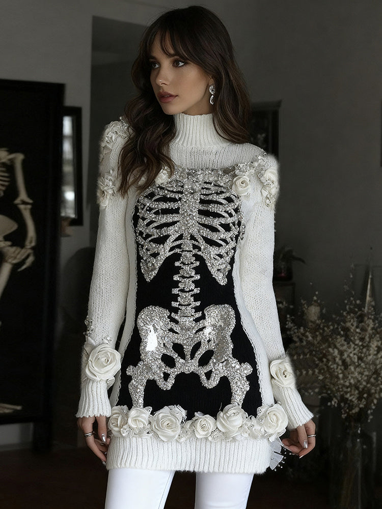 Women's Vintage Skeleton & Rose Art Cozy High Neck Sweater