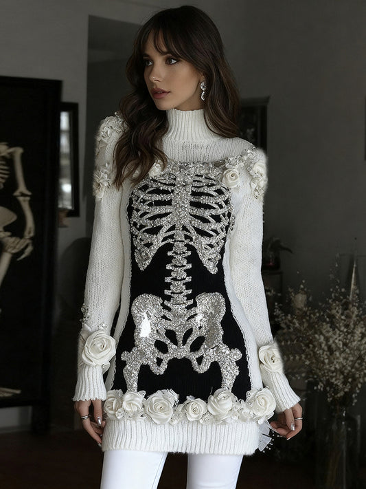 Women's Vintage Skeleton & Rose Art Cozy High Neck Sweater