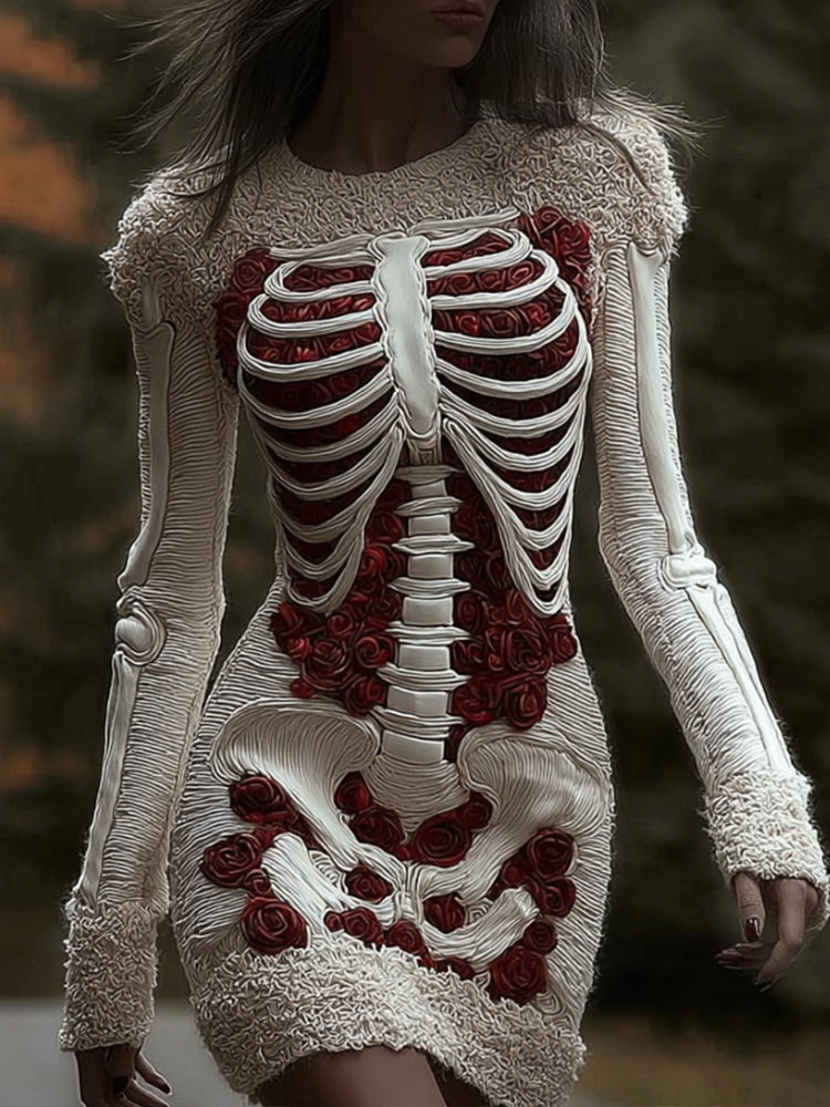 Women's Halloween Skeleton Rose Art Round Neck Mini Skirt