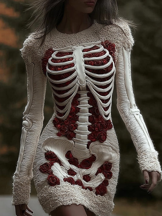 Women's Halloween Skeleton Rose Art Round Neck Mini Skirt