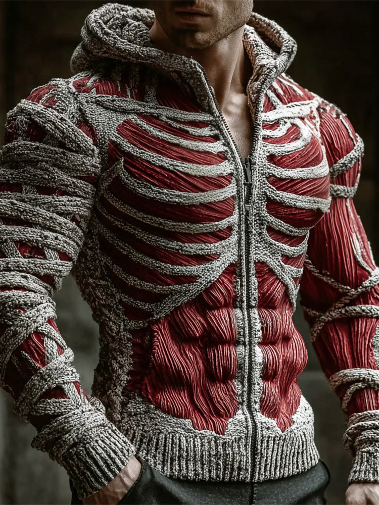 Halloween Bloody Skeleton Bandage Art Men's Knit Hooded Zip-up Sweater