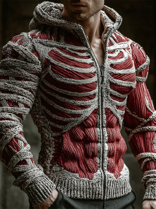 Halloween Bloody Skeleton Bandage Art Men's Knit Hooded Zip-up Sweater