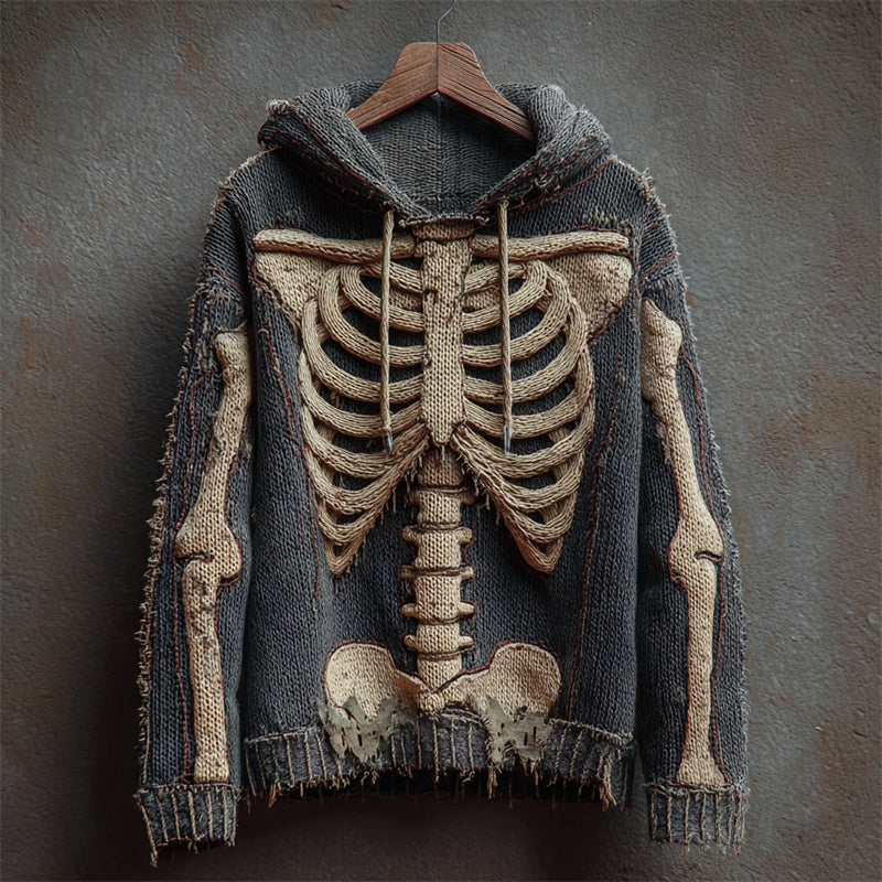 Halloween Skeleton Vintage Distressed Cozy Knit Hooded Sweater