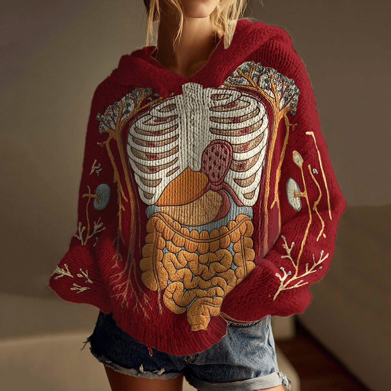 Vintage Halloween Anatomy Art Chunky Knitted Hooded Sweater