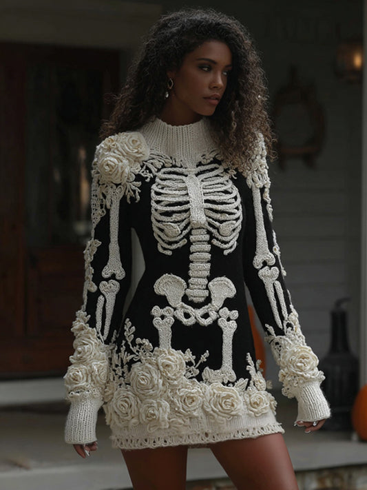 Women's Halloween Skeleton Bones Leather With Rose Cozy Knit Mini Sweater Dress